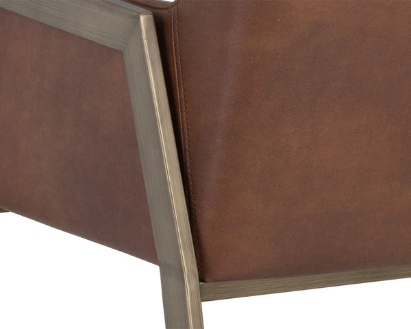 Sunpan Bernadette Dining Armchair – Elegant Design with Antique Brass Frame and Durable Faux Leather Upholstery Bravo Cognac