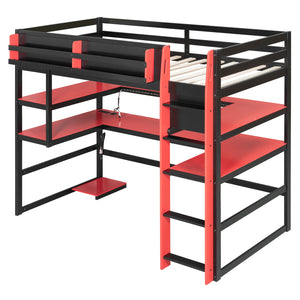 English Elm Twin Loft Bed with Rgb Lighting Usb Ports Wraparound Shelves and Gaming Desk Red LT000298AAJ