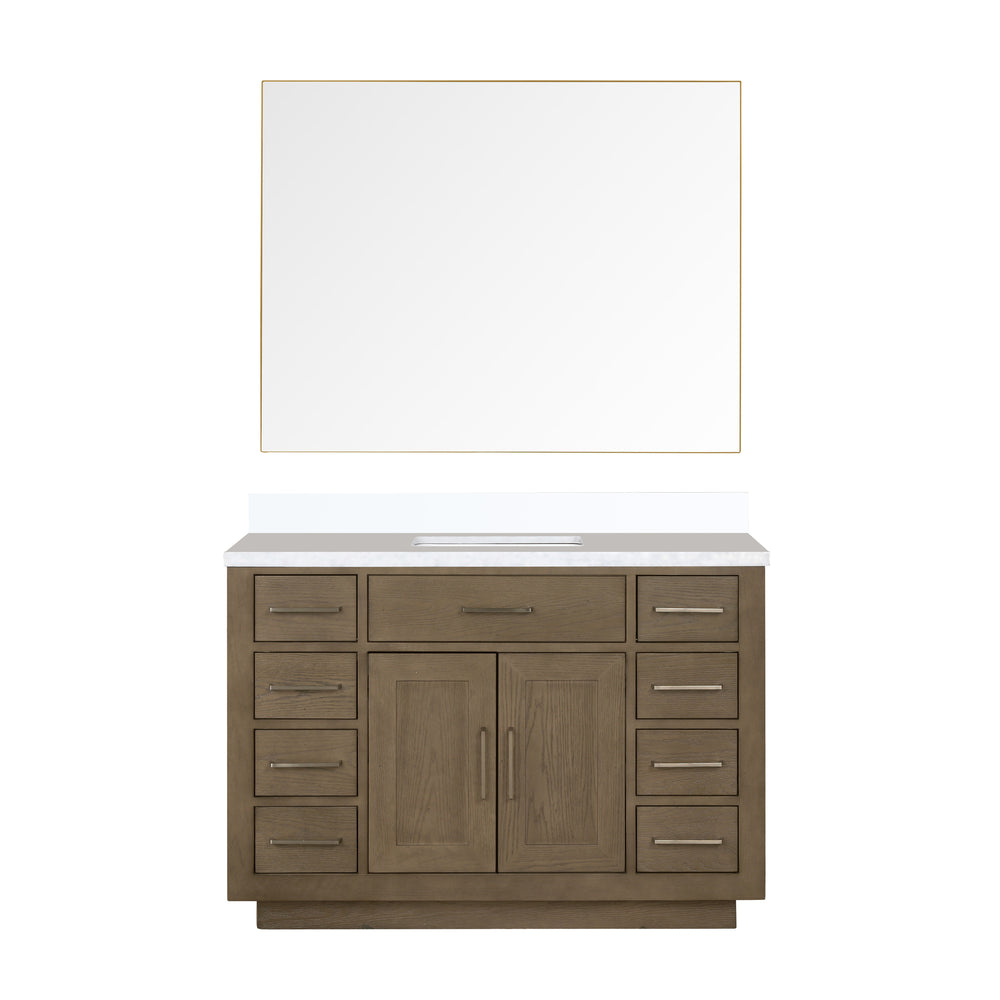 English Elm Grey Oak Single Bath Vanity With White Quartz Top And 46 In. Frameless Mirror For Modern Spaces B2731S01408