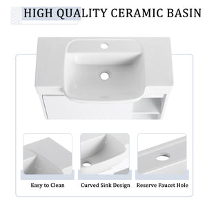 English Elm 28'' Floating Bathroom Vanity with Ceramic Sink Soft Close Door Melamine Cabinet Glossy White W999P426642