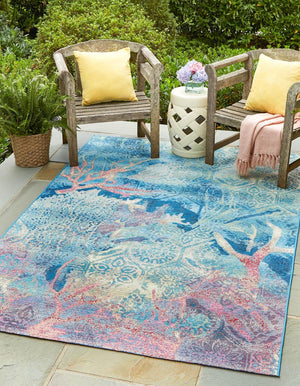 Unique Loom Outdoor Coastal Edgartown Machine Made Floral / Botanical Rug Multi, Blue/Ivory/Light Blue/Navy Blue/Pink/Beige 5' 3" x 8' 0"