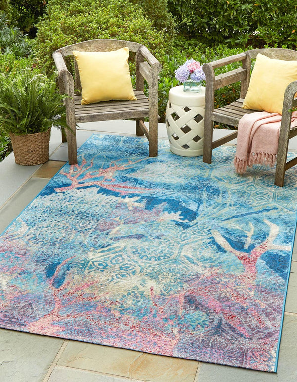 Unique Loom Outdoor Coastal Edgartown Machine Made Floral / Botanical Rug Multi, Blue/Ivory/Light Blue/Navy Blue/Pink/Beige 5' 3" x 8' 0"