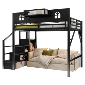 English Elm Full Size Steel Loft Bed with Staircase Storage Wardrobe Desk and Led Lighting Black W2593S00055