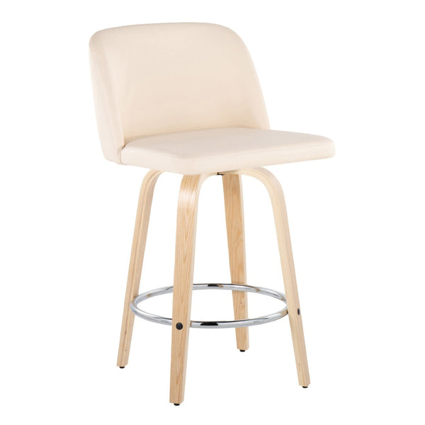 English Elm Toriano 26" Stylish Fixed Height Counter Stool Set Of 2 With Swivel, Cream Faux Leather & Natural Wood B202S00433-GIGA