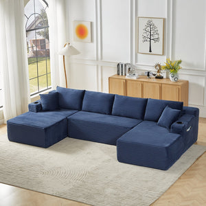 English Elm Compressible Modular U-shaped Cloud Sofa Corduroy Sectional for Spacious Living Rooms Blue W2339S00149
