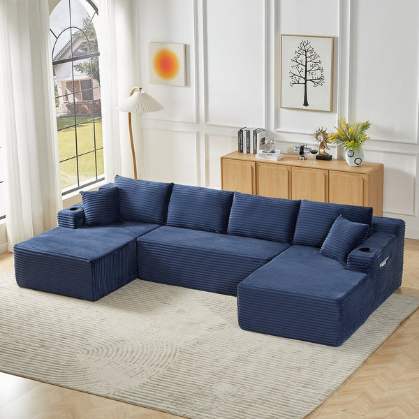 English Elm Compressible Modular U-shaped Cloud Sofa Corduroy Sectional for Spacious Living Rooms Blue W2339S00149