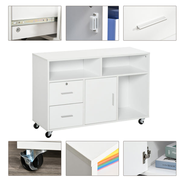 English Elm HOMCOM Mobile Printer Stand & Storage Cabinet with Locking Drawer, 3 Shelves, 4 Casters – White W2225P217762