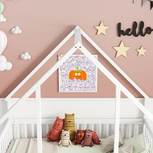 English Elm Full House-Shaped Floor Bed with Fence and Guardrails, Pine Wood Play Loft for Imaginative Kids Retreat White W504P143294