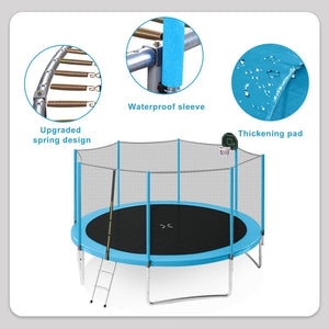 English Elm 14ft Round Backyard Trampoline with Enclosed Safety Net Basketball Hoop and Ladder Blue N739S000003C