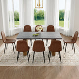 English Elm Table and Chair Set.Cozy Modern Mdf Dining Set - 67"X35.4" With 8 Comfortable Technology-Fabric Brown Chairs With Round Corner Design.Suitable For Home Dining Rooms,Hotels,Other Commercial Spaces.