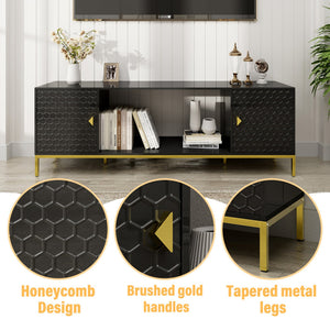English Elm 70 Electric Fireplace TV Stand with Honeycomb Doors & Gold Legs, Sturdy MDF Console with Adjustable Shelves and Open Storage for Modern Living Room Black 75.6 L x 19.3 W x 5.5 H T3609P332395