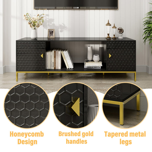 English Elm 70 Electric Fireplace TV Stand with Honeycomb Doors & Gold Legs, Sturdy MDF Console with Adjustable Shelves and Open Storage for Modern Living Room Black 75.6 L x 19.3 W x 5.5 H T3609P332395