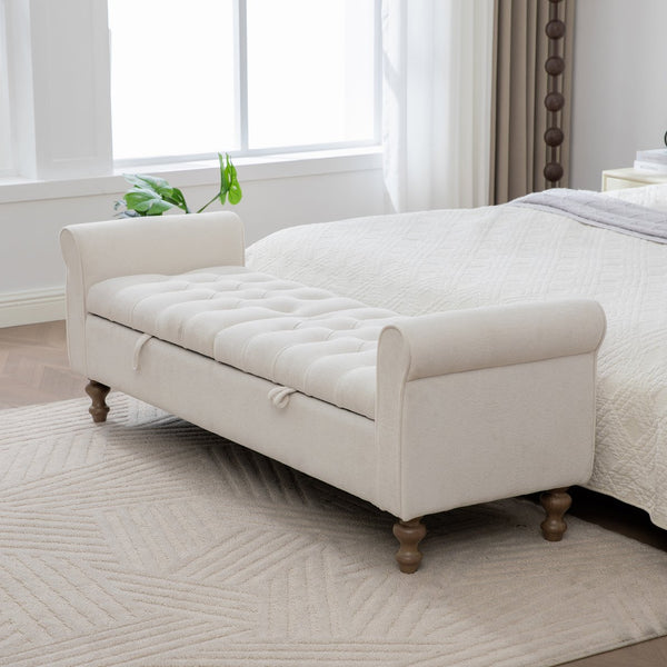 English Elm 65.75" Wide Napped Fabric Storage Bench with Rolled Arms and Walnut Rubberwood Legs W3098P397301