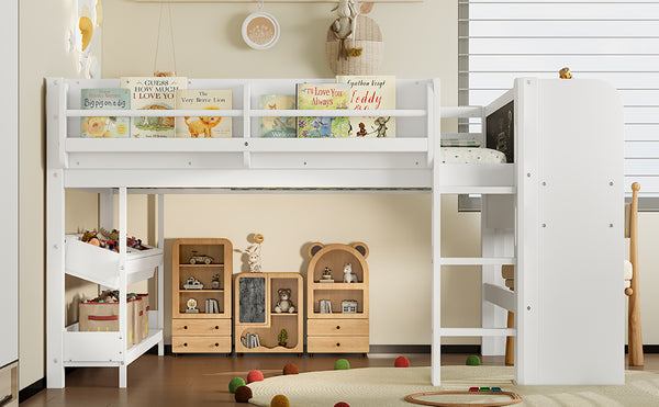 English Elm Twin Low Loft Bed Solid Pine Frame Kids Study Desk Blackboard Storage White Light White W1580S00299