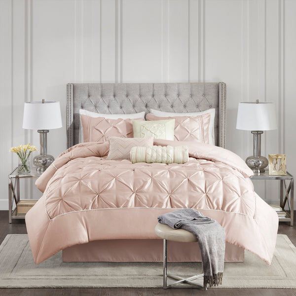 English Elm 7 Piece Tufted Comforter Set In Soft Blush For Queen Beds - Elegant Design With Decorative Pillows B03597044