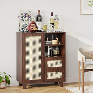 English Elm Rattan Cane Front Sideboard with Drawers Adjustable Shelf Bohemian Storage Cabinet Walnut T3623P434733
