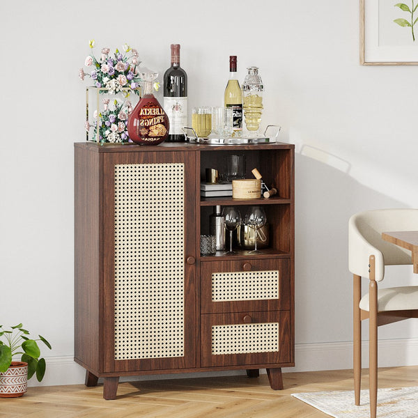 English Elm Rattan Cane Front Sideboard with Drawers Adjustable Shelf Bohemian Storage Cabinet Walnut T3623P434733