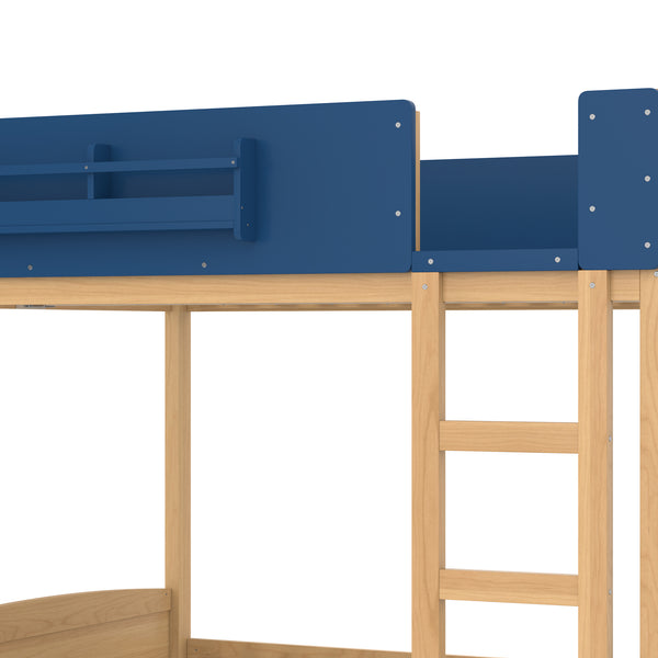 English Elm Queen Bunk Bed with Trundle Solid Pine Kids Car Themed Frame Built-in Bookshelf Blue,Natural W1580S00447