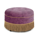 English Elm Yolanda 24" Round Upholstered Accent Ottoman, Purple Floral Sateen Jacquard With Gold Trim