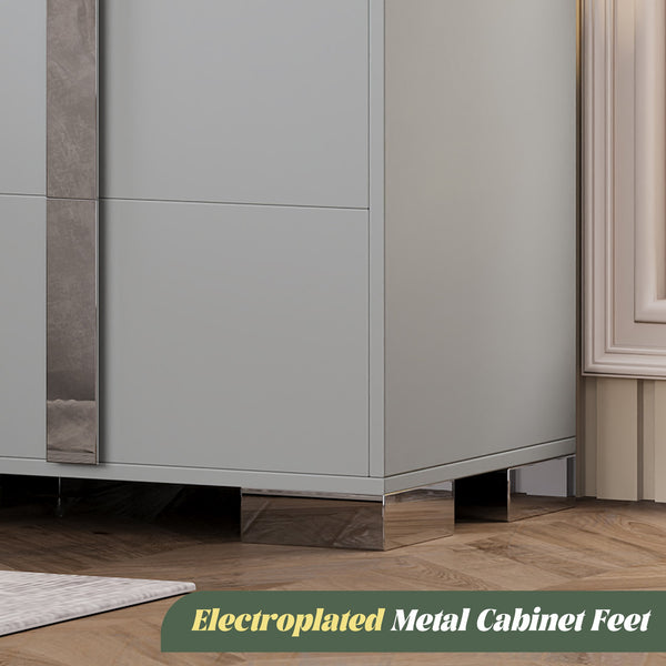 English Elm Modern Two Drawer Nightstand with Slim Metal Legs and Mirrored Bar Handles for Bedroom Grey W5271P416539