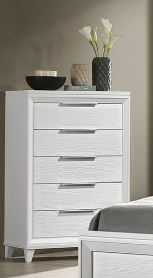 English Elm Contemporary White Textured 5-Drawer Tall Chest Solid Wood Bedroom Storage with Tapered Feet, Easy Assembly B2741P320865