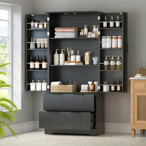 English Elm 72" Modern Fluted Pantry Cabinet with 2 Large Silent Drawers, 8-Door Spice Rack & Adjustable Shelf Organizer Black W2917P294988