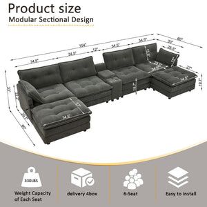 English Elm 154" Corduroy U-shaped Sectional with Ottomans Six Seat Modular Cloud Sofa Usb Console Grey W1998S00103