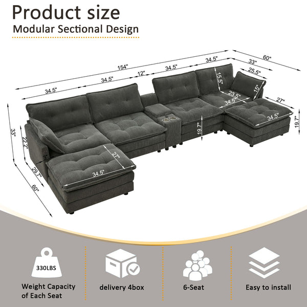 English Elm 154" Corduroy U-shaped Sectional with Ottomans Six Seat Modular Cloud Sofa Usb Console Grey W1998S00103