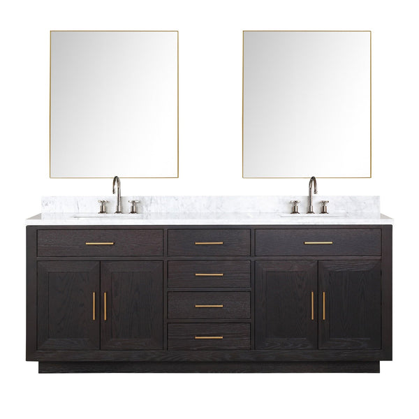 English Elm Black Oak Double Bath Vanity Ensemble With Carrara Marble Top, Faucets, And Stylish Mirrors Included B2731S02178