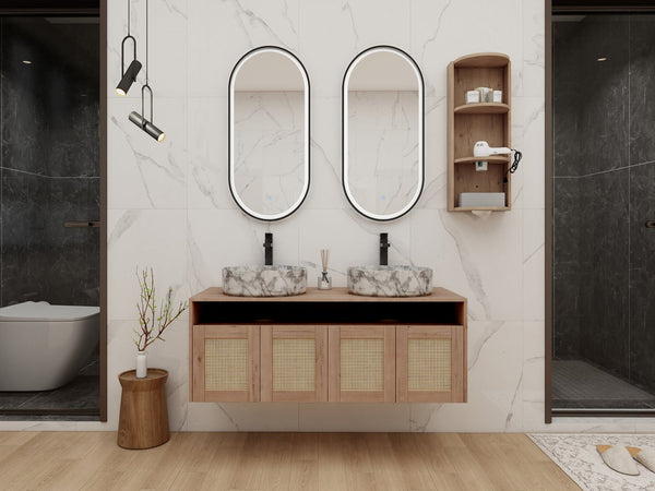 English Elm 48" Floating Bathroom Vanity Oak Finish Dual Ceramic Sinks Soft Close Plywood Cabinet W999S00506