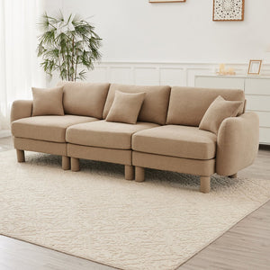 English Elm Boucle 3-Seater Sofa With Sculptural Shell Armrests, Plush Coffee Fabric, And Modern Cylindrical Legs W3041S00284