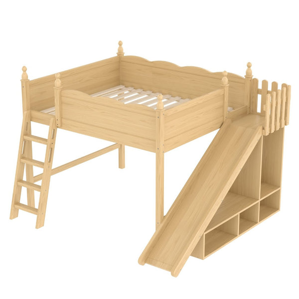 English Elm Queen Loft Bed With Detachable Slide, Storage Shelves & Cabinet - Solid Wood For Fun & Space Savvy! W1580S00250-GIGA