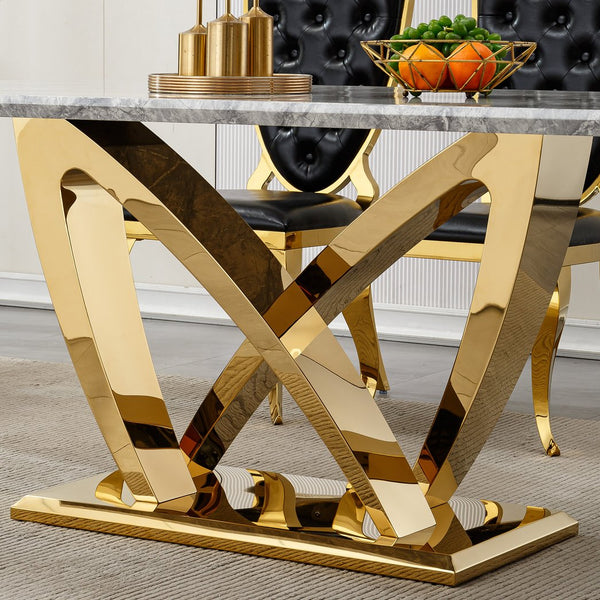 English Elm Marble Dining Table For 6, 70'' Rectangular Faux Marble With Mirrored Stainless Steel Base, Modern Elegance W3456S00026