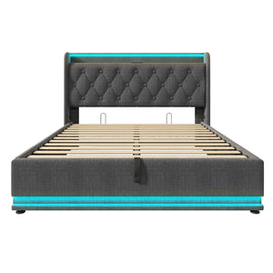 English Elm Queen Upholstered Bed with Surround LED, App/Remote Control, Hydraulic Storage, USB Type-C Charging Gray N736P188807G