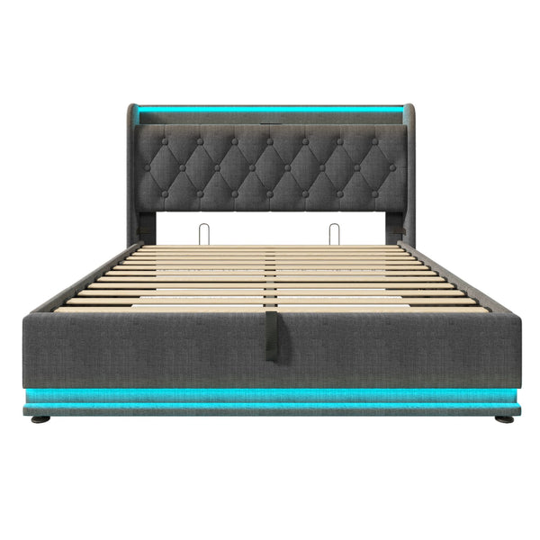 English Elm Queen Upholstered Bed with Surround LED, App/Remote Control, Hydraulic Storage, USB Type-C Charging Gray N736P188807G