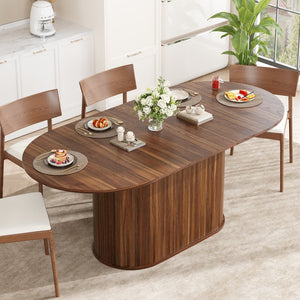 English Elm 55.11"-70.86" Extendable Dining Table with Sculpted Striped Legs Seats Six in Modern Style Walnut W757P411745