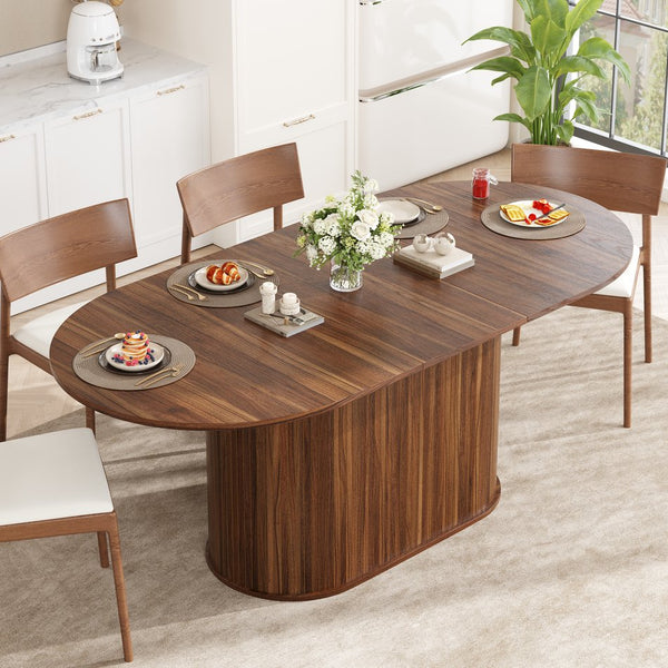 English Elm 55.11"-70.86" Extendable Dining Table with Sculpted Striped Legs Seats Six in Modern Style Walnut W757P411745