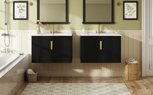 English Elm 60" Vintage Bathroom Vanity with Ceramic Sink Wall-Mount Modern Striped Design Durable MDF Wood Finish Black N710SS00010B
