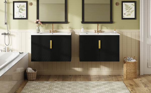 English Elm 60" Vintage Bathroom Vanity with Ceramic Sink Wall-Mount Modern Striped Design Durable MDF Wood Finish Black N710SS00010B