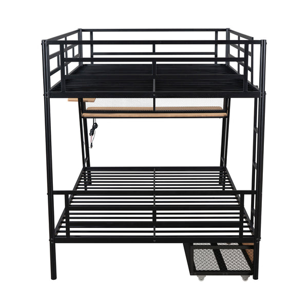 English Elm Full Full Size Metal Bunk Bed with Built-in Desk, Light, 2 Drawers, Shelves, Sturdy Space-Saver Black GX001517AAB