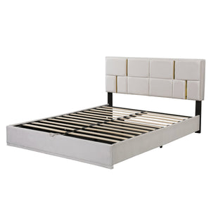 English Elm 2-Pieces Queen Upholstered Platform Bed with Hydraulic Lift and Spacious Storage Ottoman, Elegant Gold Trim Beige 50 L x 16 W x 13 H N733S207778A