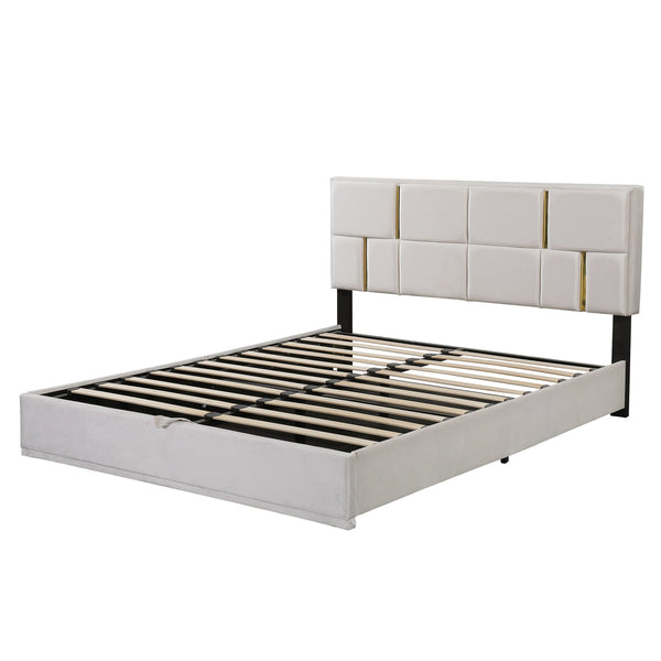 English Elm 2-Pieces Queen Upholstered Platform Bed with Hydraulic Lift and Spacious Storage Ottoman, Elegant Gold Trim Beige 50 L x 16 W x 13 H N733S207778A