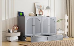 English Elm Queen Murphy Wall Bed with Usb Ports Storage Drawers and Cabinet Style Panel Front Gray N708S00010E