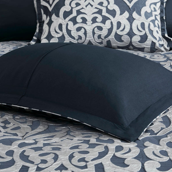 JLA Home Madison Park - 8 Jacquard Comforter Set with Damask Medallion Design, Reversible Satin-Ground Ensemble, Euro Shams & Pillows Navy/Silver MP10-6836