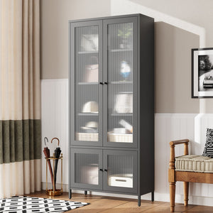 English Elm Large Metal Storage Cabinet with Fluted Tempered Glass Doors, 5-Shelf Steel Bookcase for Home Office W2378P176272