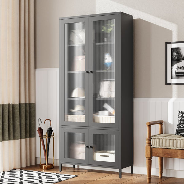 English Elm Large Metal Storage Cabinet with Fluted Tempered Glass Doors, 5-Shelf Steel Bookcase for Home Office W2378P176272