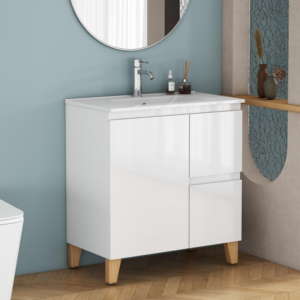English Elm 31.5-inch Bathroom Vanity Solid Wood Top Ceramic Basin Soft Close Glossy White W3151S00067