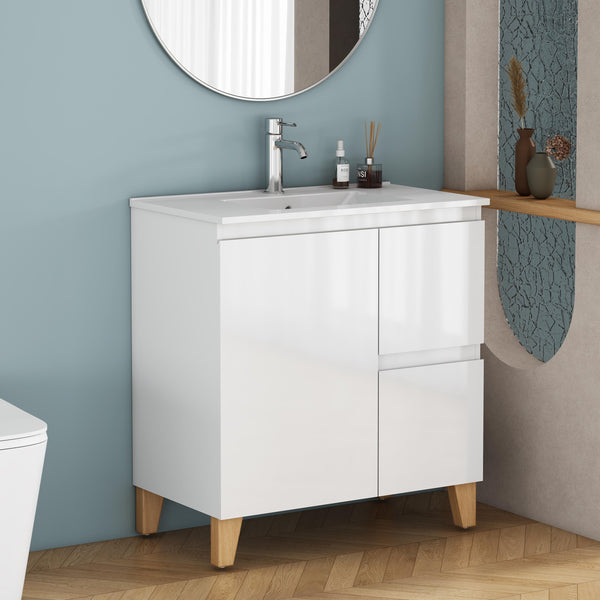 English Elm 31.5-inch Bathroom Vanity Solid Wood Top Ceramic Basin Soft Close Glossy White W3151S00067
