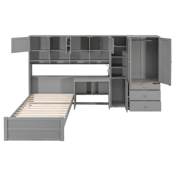 English Elm Wooden Twin Loft Bed with Built-in Desk Wardrobe Storage Drawers and Led Lighting N820S00069E