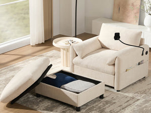 English Elm 37" Oversized Chenille Armchair with Ottoman Usb Charging Pocket Spring Living Room Beige N723P387145A